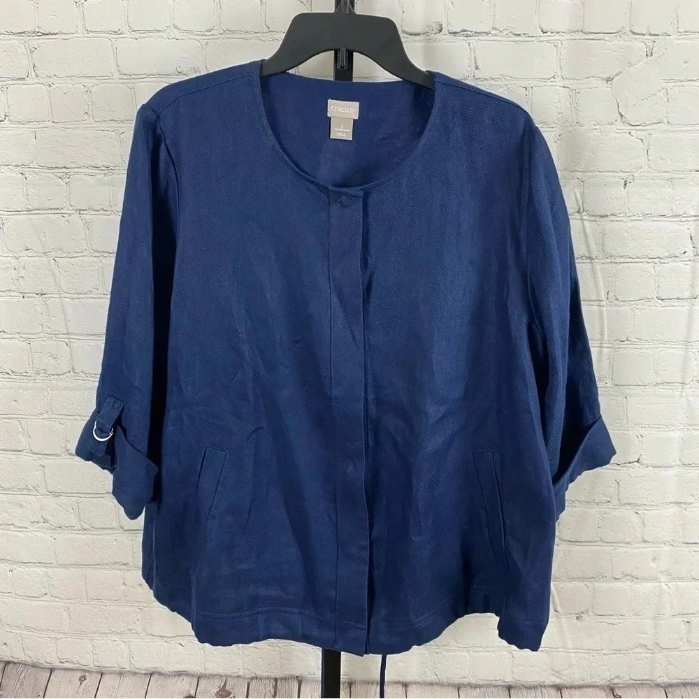 Chico’s Linen Blue Lightweight Jacket Size 3 (16/18)